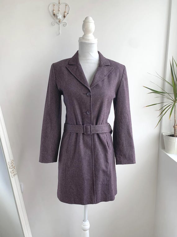 Vintage Eggplant Purple Tweed Wool Coat, Single Breasted Fall Jacket, Belted Short Wool Trench Coat, Hennes Autumn Wool Blazer Size XS / S