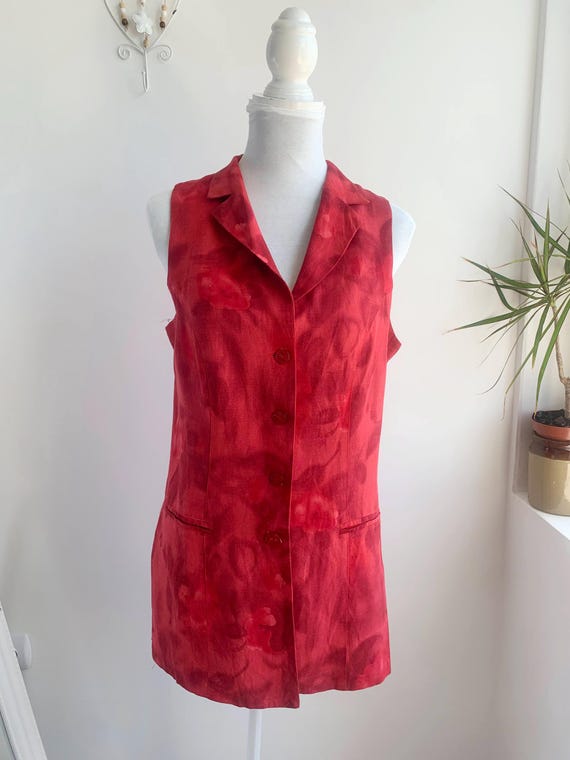 Vintage 90s Red Linen Vest Size M, Collared Button Front Sleeveless Top, Boho Grunge Natural Fabric Blouse, Floral Summer Waistcoat Shirt