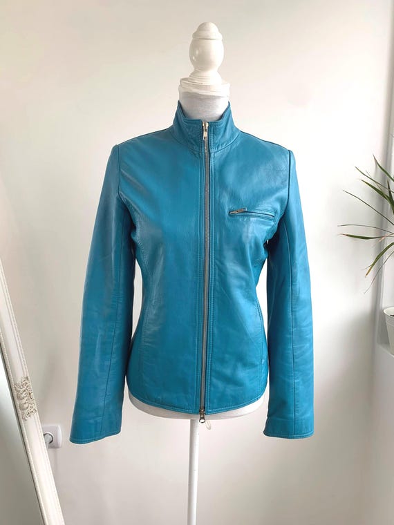 Vintage Blue Real Leather Jacket for Women, Soft Zip Up Moto Style Retro 90s Bomber Jacket, High Neck Zip Up Biker Jacket Size Small S