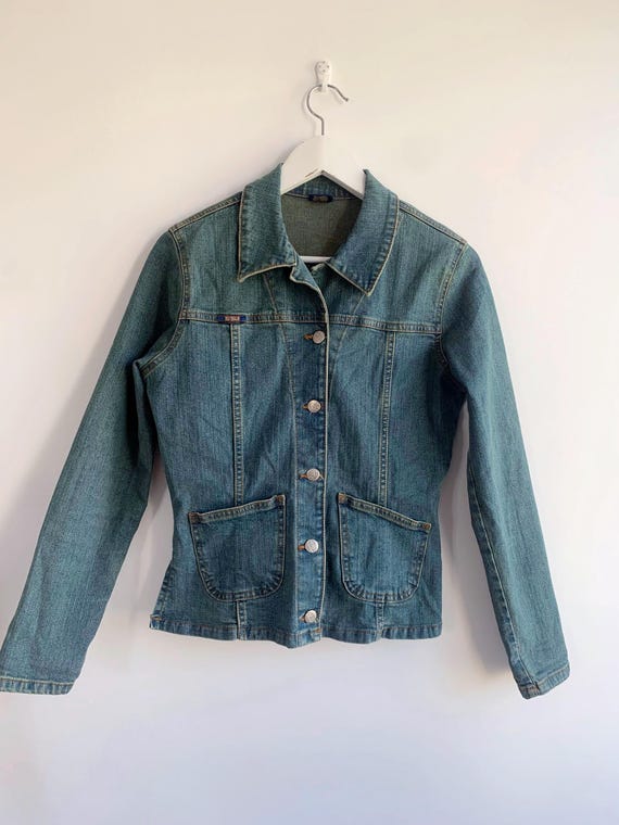 Vintage 90s Fitted Denim Jacket Women's Size S, Collared Cropped Jean Coat, Boho Western Button Up Trucker Jacket, Cotton Utility Outerwear