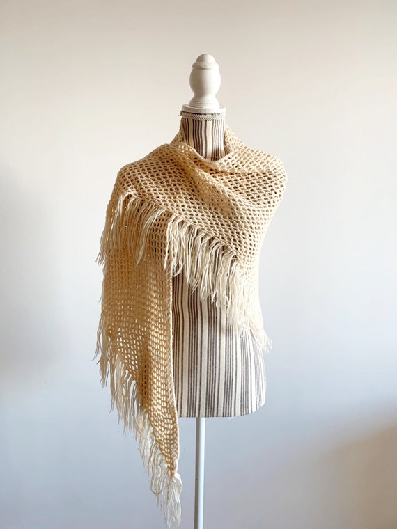 Vintage Ecru Crochet Shawl With Tassels, Cream Wi… - image 7