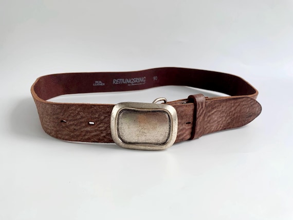 Vintage Taupe Brown Leather Belt for Women 90 cm 35", Wide Pebbled Genuine Leather Waist Belt with Chunky Rectangle Silver Buckle Boho Style