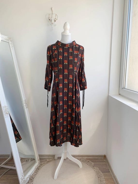 Vintage 90s Geometric Print Dress, Colorful Abstract Midi Dress for Summer, Retro Maximalist Outfit, Geometric Pattern Mod Sundress Size S