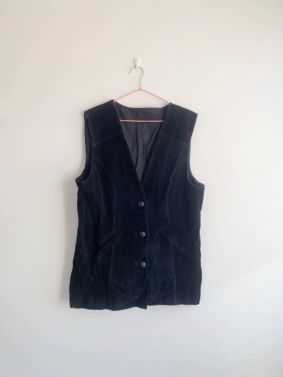 Black Suede Leather Vest for Women Size L XL, Vintage 80s Real Leather Vest, Plus Size Biker Riding Vest, Motorcycle Vest, Rocker Waistcoat