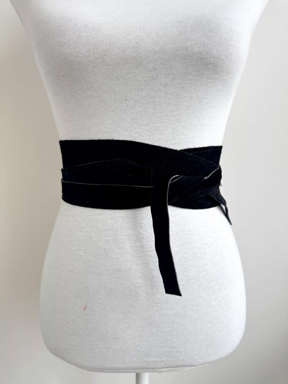 Vintage Y2K Black Suede Obi Belt for Women, Real Leather Wide Waist Belt, Double Wrap Boho Corset Belt, Minimalist Tie Up Belt, Kimono Sash