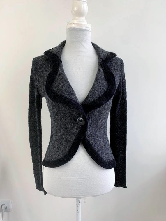 Vintage Grey Wool Blend Blazer Women's Size XS/S, Lapel Collar V Neck Winter Cardigan, Woollen Cropped Coat, Tailored Felted Mohair Jacket