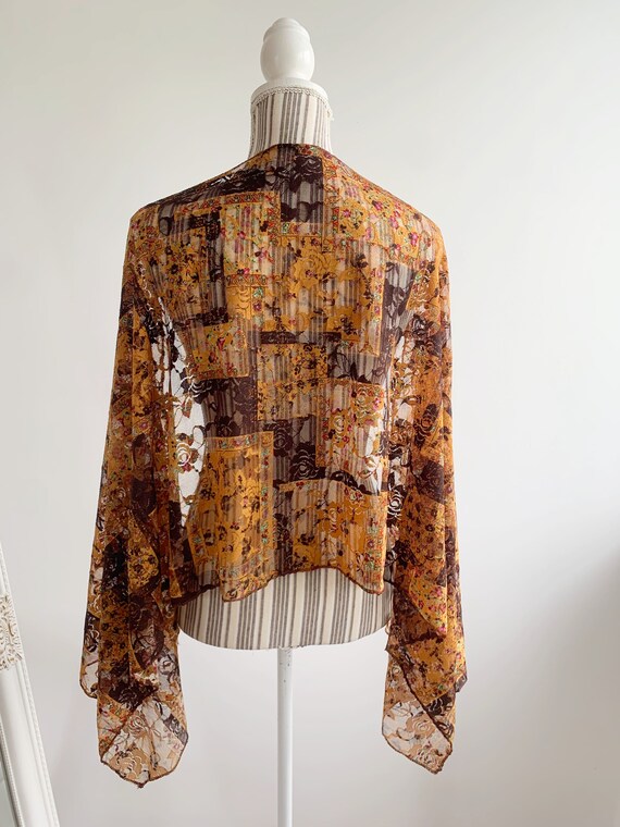 Vintage Floral Lace Shawl, Mustard Yellow Brown Long Lace Scarf, Grunge Neck Scarf, Boho Cottagecore Shawl Wrap, Sheer Mesh Shoulder Wrap