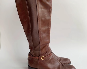 Vintage Tall Riding Boots for Women Size EUR 39 UK 5.5 US 8, Toffee Brown Distressed Leather Knee High Boots, Flat Low Heel Equestrian Boots