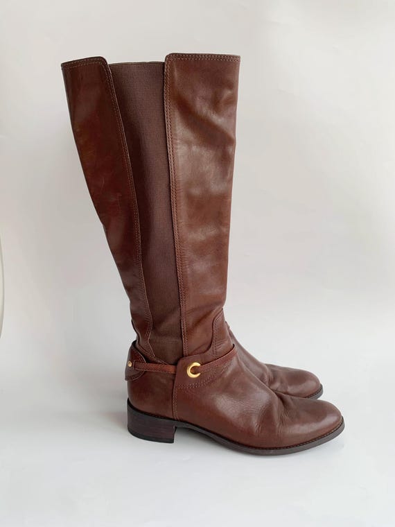 Vintage Tall Riding Boots for Women Size EUR 39 UK 5.5 US 8, Toffee Brown Distressed Leather Knee High Boots, Flat Low Heel Equestrian Boots
