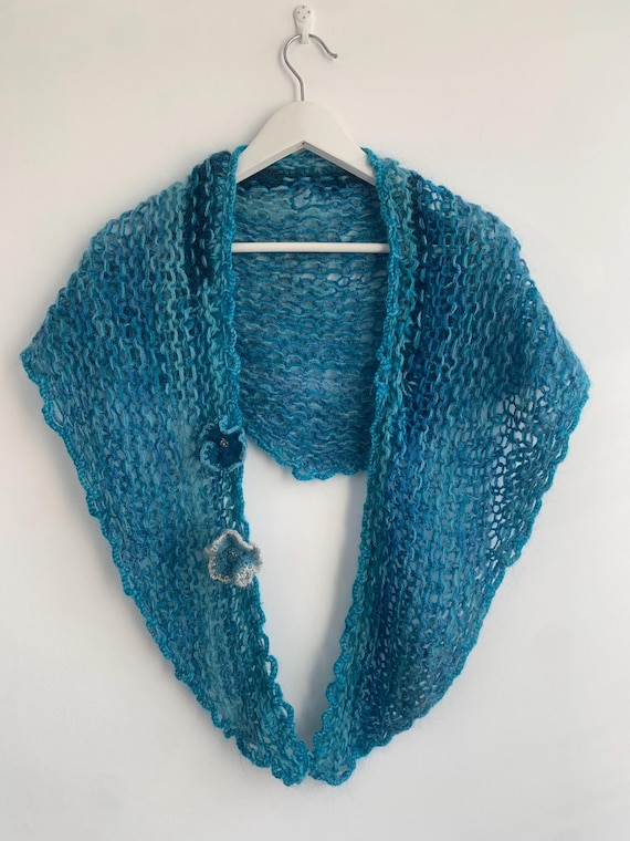 Vintage Y2K Turquoise Handmade Knitted Shawl, Romantic Blue Lace Scarf, Crochet Flowers Cottagecore Capelet Mohair Wool Shawl, Teal Wrap