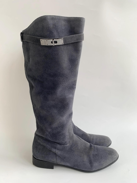 Y2K Knee High Zip Up Boots for Women by Bata Size EUR 40 UK 6 US 8, Tall Grey Suede Boots, Flat Leather Boots, Below The Knee Low Heel Boots