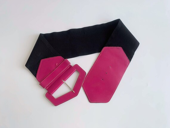 Black Elastic Corset Waist Belt, Hot Pink Leather Buckle Obi Belt, Genuine Leather Waistband Belt, Super Wide Stretch Belt, Bright Sash Belt
