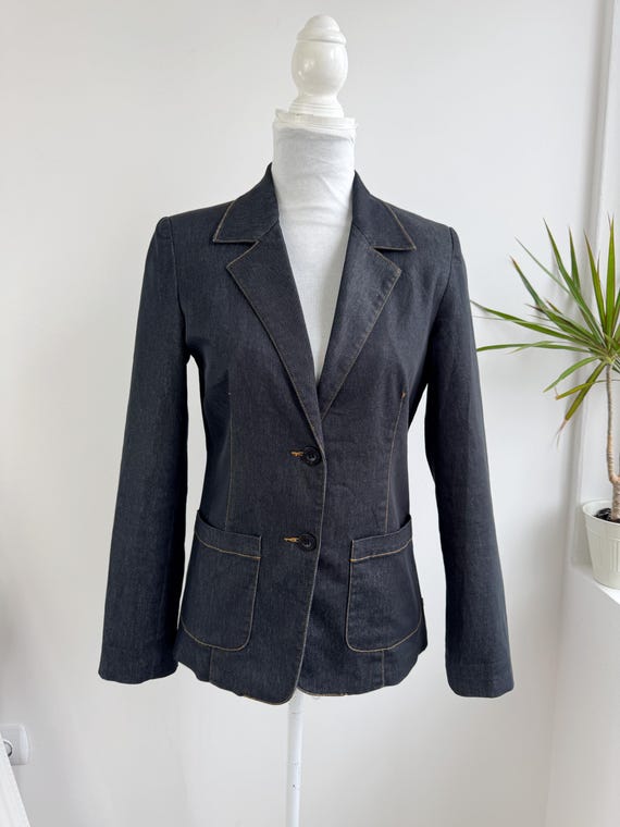 Vintage Dark Wash Denim Blazer by XX Mexx Size EUR 36 S, Tailored Slim Fit Button Up Jean Sports Coat, Cotton Blend Collared Denim Jacket