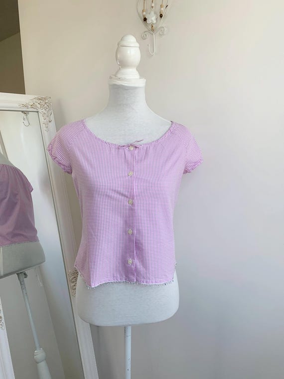 Crop Pink Gingham Top Size S, Boho Beaded Cotton Top Cap Sleeve Summer Button Up, Vintage 90s Cottage Core Dirndl Shirt Check Peasant Blouse