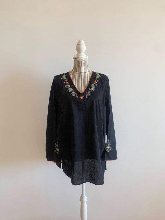 Vintage Black Floral Embroidery Shirt for Women Size XL, Long Sleeve Ethnic Tunic Top, Pure Cotton Boho Blouse, Hippie Festival Top