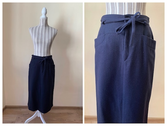 Vintage Straight Midi Skirt for Women Size 40 M 80s Navy Blue Mid