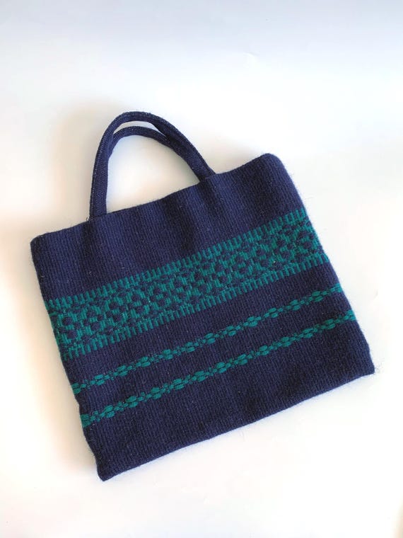 Handwoven Kilim Wool Purse, Bag, Ethnic Woven Carpet Tote, Geometric Bohemian Handbag, Navy Blue Green Boho Tribal Hippie Bag