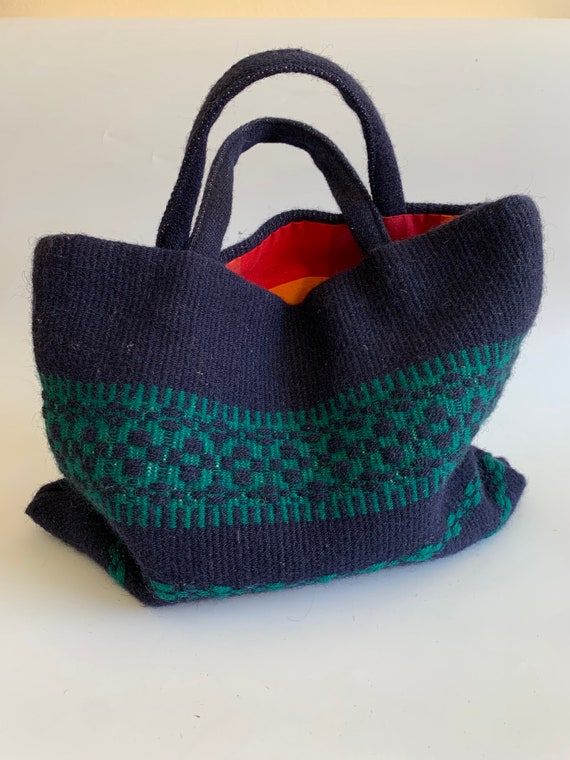 Handwoven Tribal Kilim Bag, Woven Wool Carpet Purse, Geometric Pattern Bohemian Handbag, Navy Blue and Green Ethnic Purse, Hippie Bag