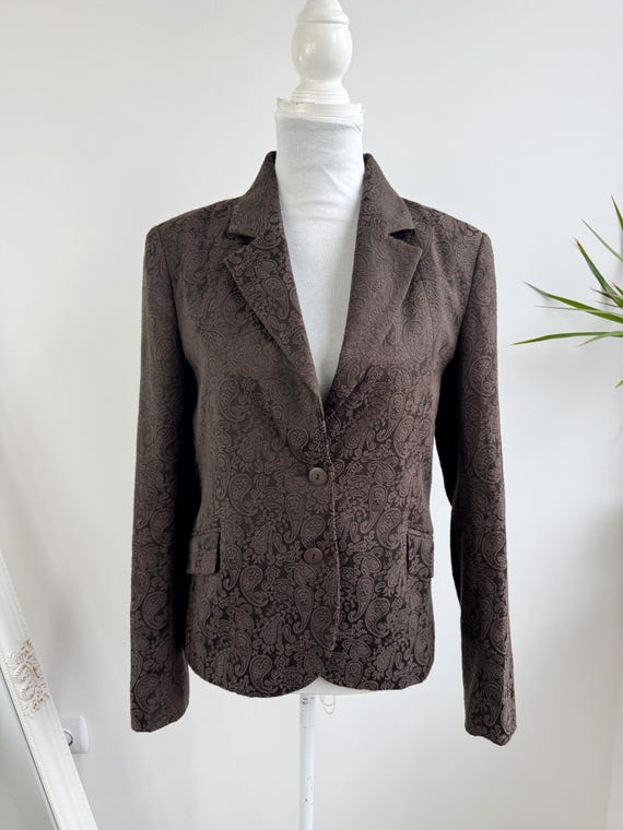Elegant Vintage Cotton Blend Brocade Blazer for Women Size M, Y2K Brown Paisley Print Blazer, Floral Jacquard Coat, Boho Tapestry Jacket