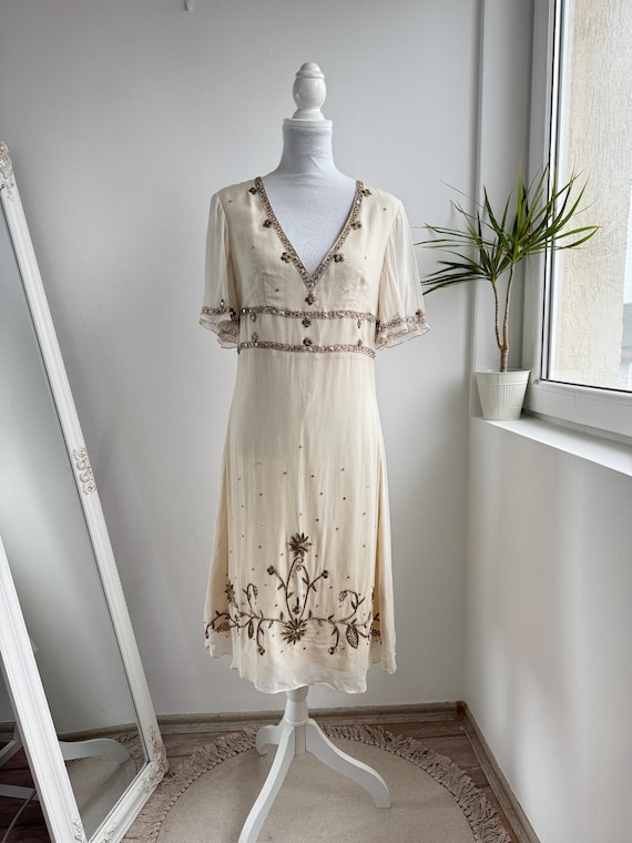 Sophie Faroh Vintage Mesh Beaded Midi Dress, Beige Sheer Viscose Boho Wedding Guest Dress, Art Deco Sequin Floral Embroidery Gown Size 40 M