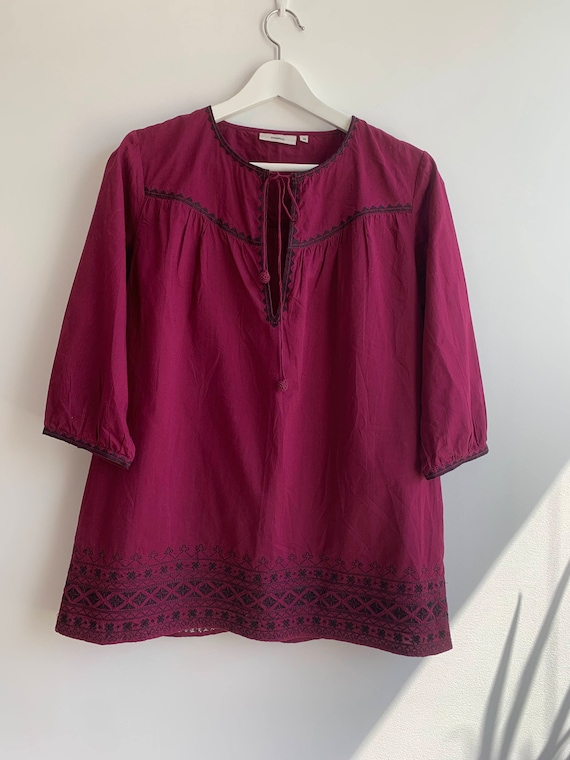 Y2K Peasant Blouse Size 36 S, Boho Hippie Embroidery Tunic, Relaxed Fit Tie Neck Cotton Shirt, Indian Gypsy Kaftan, Summer Festival Top