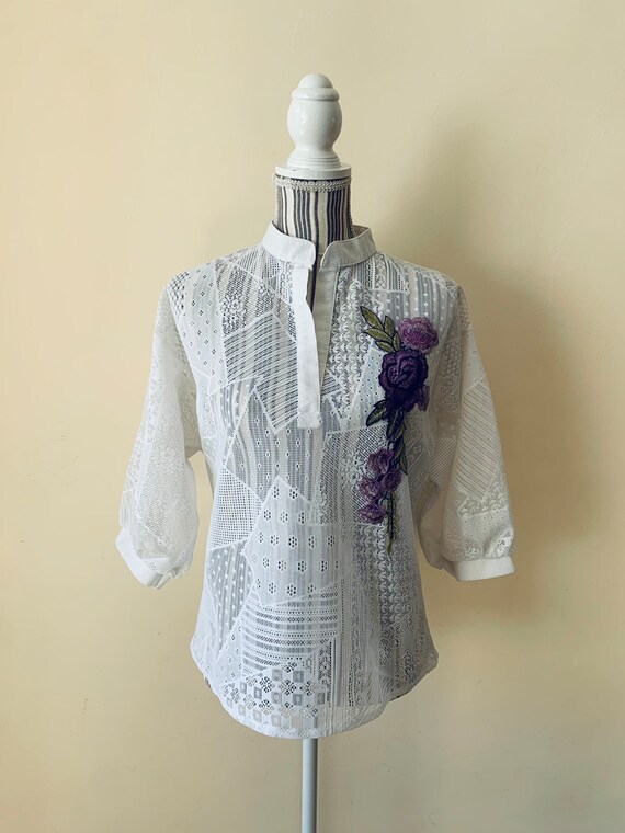 Vintage White Mesh Shirt for Women, 3/4 Puff Sleeve Lace Blouse, High Collar V Neck Sheer Top, See Through Floral Embroidery Blouse Size M