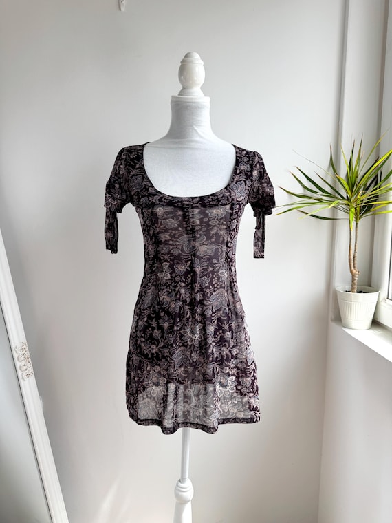 Vintage 90s Camaieu Paisley Mesh Tunic Top Brown Blue Sheer Floral Boho Y2K Top Short Tie Sleeve Mesh Blouse Longline Layering Top Size S