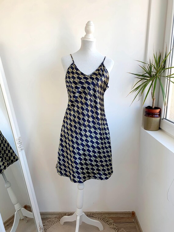 Y2K Navy Blue Pure Silk Nightgown for Women Size L, 100% Silk Vintage Lingerie, Sleepwear Silk Dress, Clocks and Globes Checkered Sleepdress