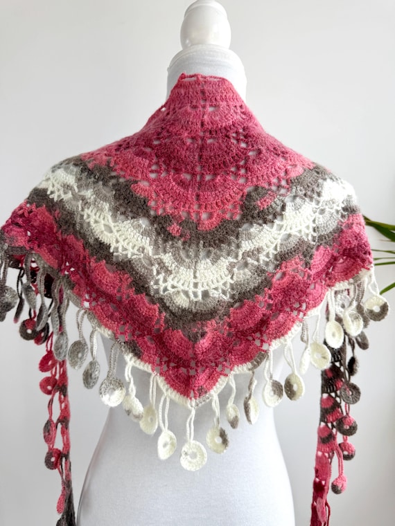 Crochet Triangle Shawl, Boho Fringed Hip Scarf, Handmade Lace Wrap Pink Gray Cream, Bohemian Festival Scarf, Coin Fringe Shawl Gift for Her