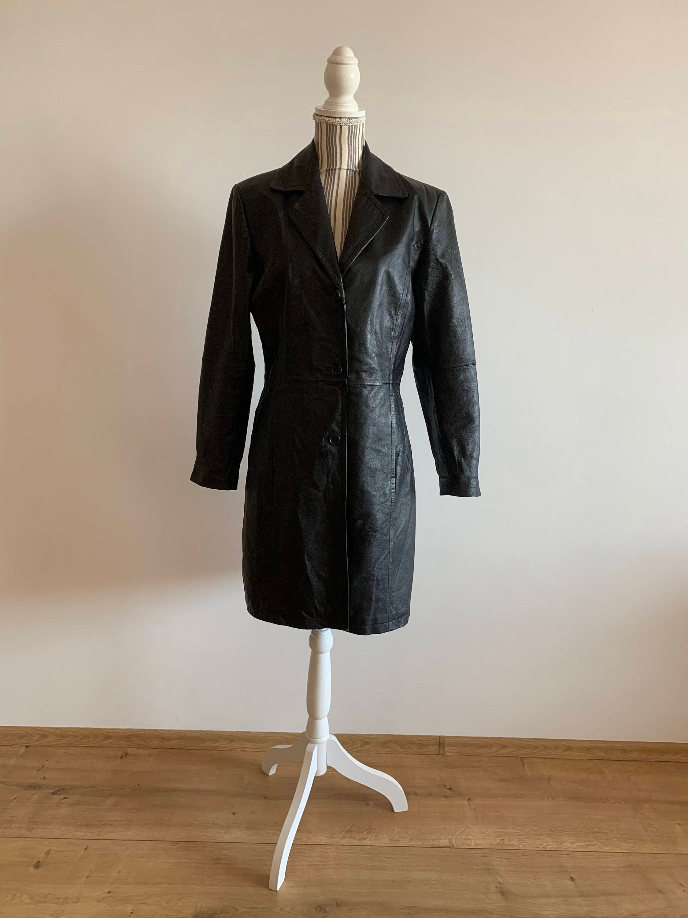 Black Leather Trench Coat for Women Size M, Vintage 90s Real