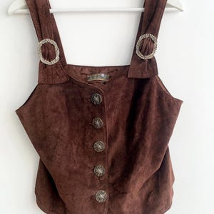 Corset en cuir marron vintage, gilet en cuir suédé souple taille L, bustier boutonné en daim, gilet corset Dirndl, corsage court, gilet en cuir