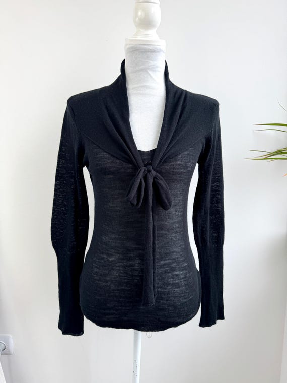 Vintage Italian 50% Fine Merino Wool Blend Tie Front Sweater, Black Sheer Lightweight Knit Pullover, Gothic Romantic Shawl Neck Top Size S
