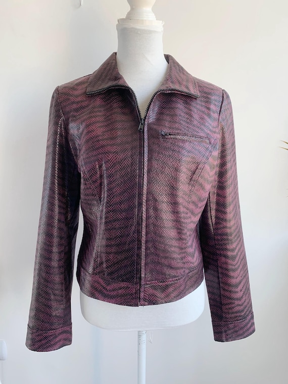 Vintage Vero Moda Faux Leather Jacket Size S M, 90s Y2K Snake Print Jacket, Collared Cropped Biker Jacket, Magenta Animal Print Cropped Coat
