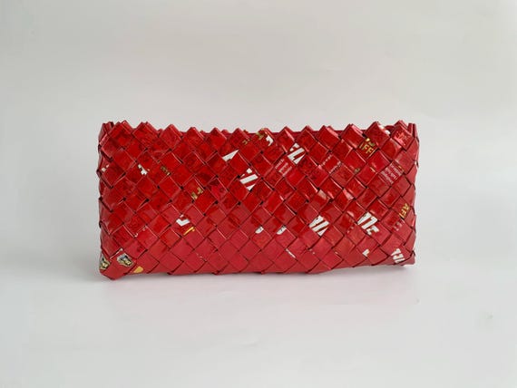 Vintage Handmade Recycled Paper Clutch Bag, Newspaper Clutch Purse, Recycled Magazine Handbag, Eco Friendly Red Clutch Wallet, Party Clutch