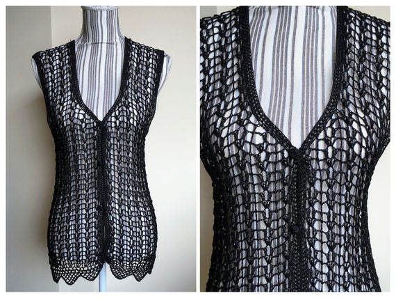 Black Lace Viscose Silk Crochet Cardigan, Buttoned
