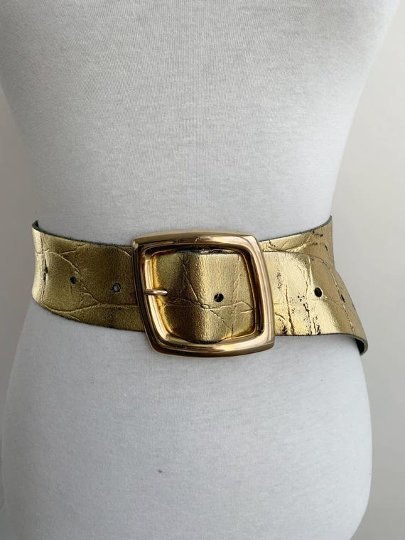 Vintage Gold Leather Belt for Women 61 - 95 cm / 24 - 37", Reptile Embossed Wide Waist Belt, Gold Buckle Genuine Leather Statement Belt