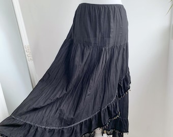 Vintage 90s Black Fairy Goth Skirt Size M, Ruffle Asymmetrical Midi Skirt, Whimsical Layered Grunge Skirt, Sequin Seedbead Trim A Line Skirt