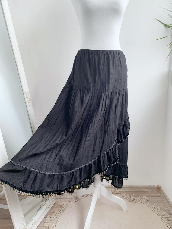 Vintage 90s Black Fairy Goth Skirt Size M, Ruffle Asymmetrical Midi Skirt, Whimsical Layered Grunge Skirt, Sequin Seedbead Trim A Line Skirt