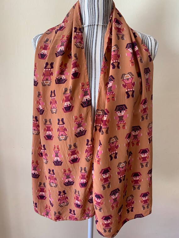 Vintage Silk Neck Scarf with Tribal Print, Aztec Long Head Scarf for Women, Native Abstract Print Scarf, Colorful Ethnic Oblong Scarf