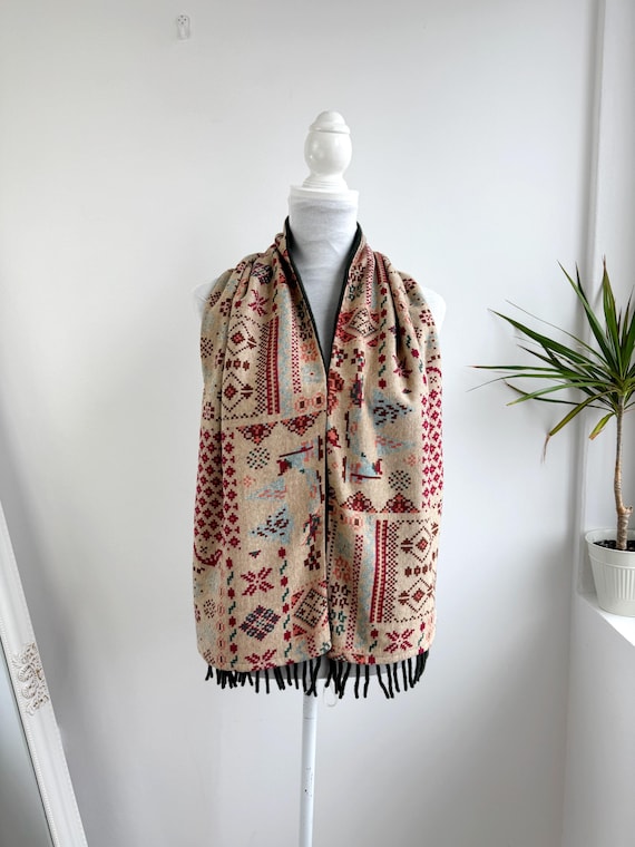 Vintage Italian Wool Scarf Johnny Lambs by Leonardo, 90s Geometric Patchwork Fair Isle Winter Wrap, Beige Green & Burgundy Warm Neck Scarf