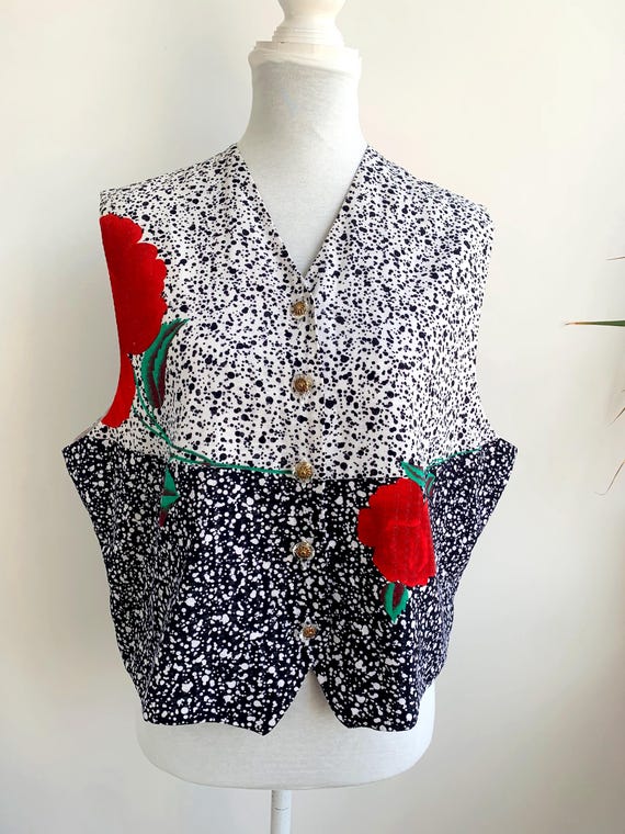 Vintage 80s Red Rose Floral Button Down Sleeveless Vest for Women Size L Deadstock Statement Gilet Black White Polkadot V Neck Waistcoat
