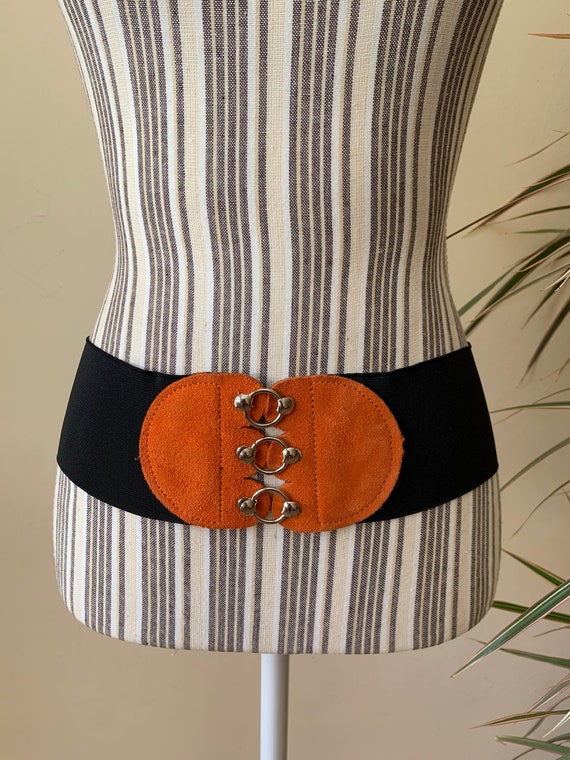 Black Cinch Belt, Elastic Belt with Metal Ring Clasp, Wide Waist Belt, Vintage Stretch Belt, Orange Suede Leather Elasticated Belt Size S M