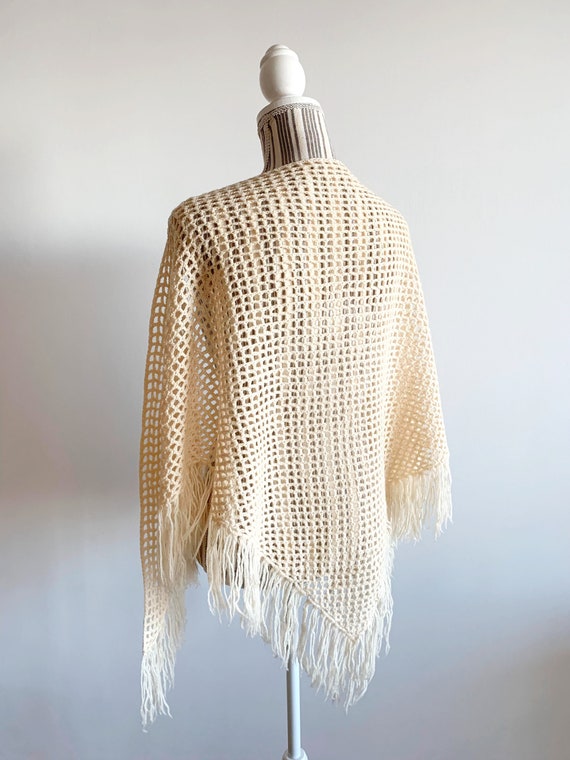 Vintage Ecru Crochet Shawl With Tassels, Cream Wi… - image 5