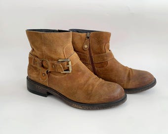 Vintage Geox Respira Camel Brown Suede Ankle Boots for Women Size EUR 37 UK 4 US 6, Western Boho Country Low Heel Nubuck Flat Zip Up Booties