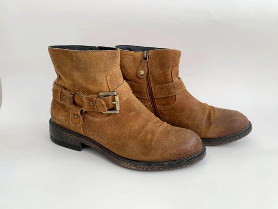 Vintage Geox Respira Camel Brown Suede Ankle Boots for Women Size EUR 37 UK 4 US 6, Western Boho Country Low Heel Nubuck Flat Zip Up Booties