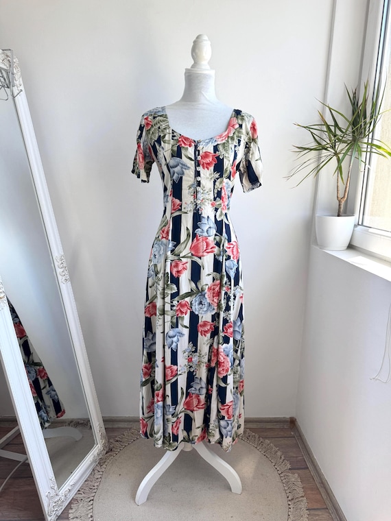 Vintage 90s Floral Maxi Dress René Derby French Romantic Cottagecore Striped Summer Grunge Short Sleeve Button Up Flared Sun Dress Size S M
