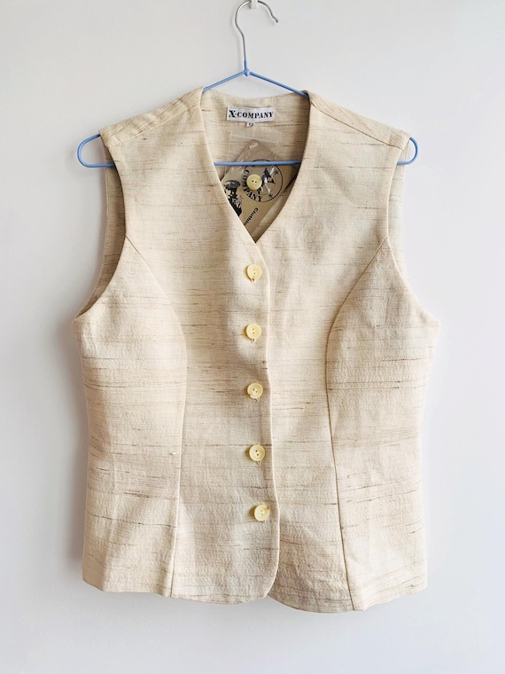 Raw Silk Blend Sleeveless Vest for Women Size M, Vintage Y2K Cream Textured Waistcoat, Minimalist Cotton & Silk V Neck Button Up Top