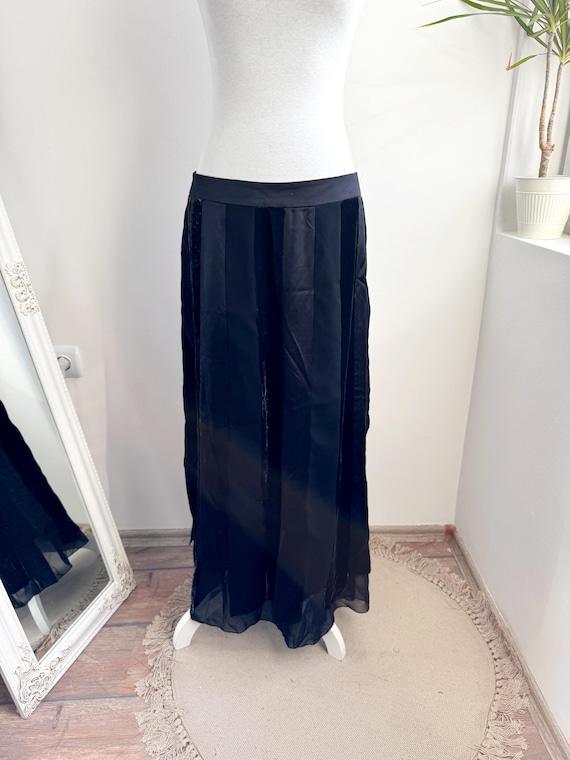 Vintage Betty Barclay Black Velvet Striped Maxi Skirt Size L Cottagecore Style, Y2K Goth Dark Academia Sheer Silk Blend Formal Long Skirt