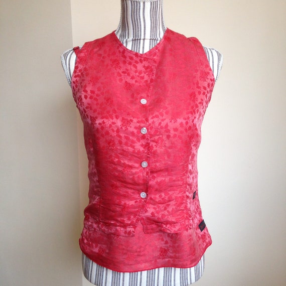 Red Silk Cami Top and Button Up Waistcoat for Wom… - image 2