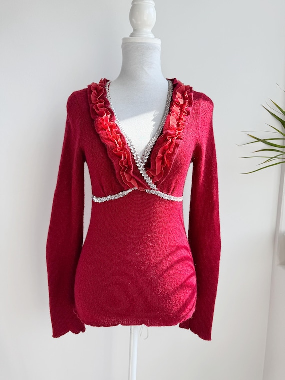 Red Mohair Sweater, V Neck Sequin Jumper Top, Wrap Style Ruffle Blouse, Soft Knitted Vintage Pullover, 90s Clothing for Women Gift for Her